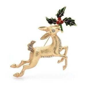 Vintage Style Running Deer Rhinestone Brooch Goldtone Christmas Pin Holiday